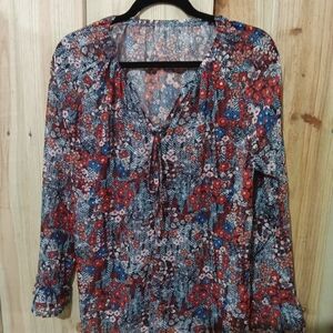 Tie-Neck Floral Long Sleeve Sheer Blouse - Red Multi